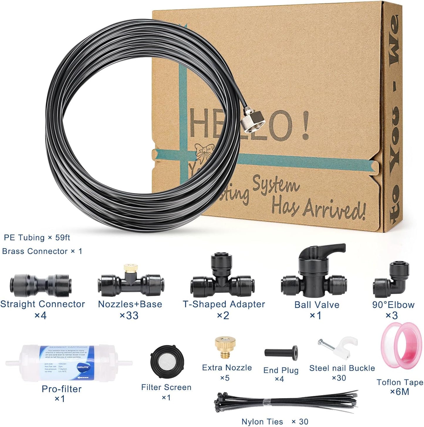 Misters for Outside Patio, 59ft Misting Line + Filter + 23 Brass Misting Nozzles +Brass Adapter(3/4") Misting System for Garden, Greenhouse, Trampoline and Chicken Coop
