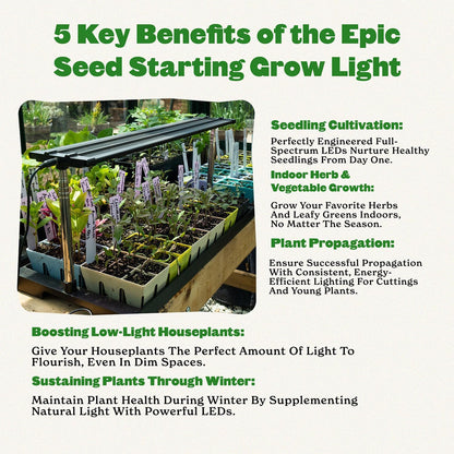 Epic Gardening Seed Starting Grow Light - Full-Spectrum LED with Adjustable Height & Integrated Tray for Indoor Seedlings | Energy-Efficient, Long-Lasting Light with Timer (Standard)
