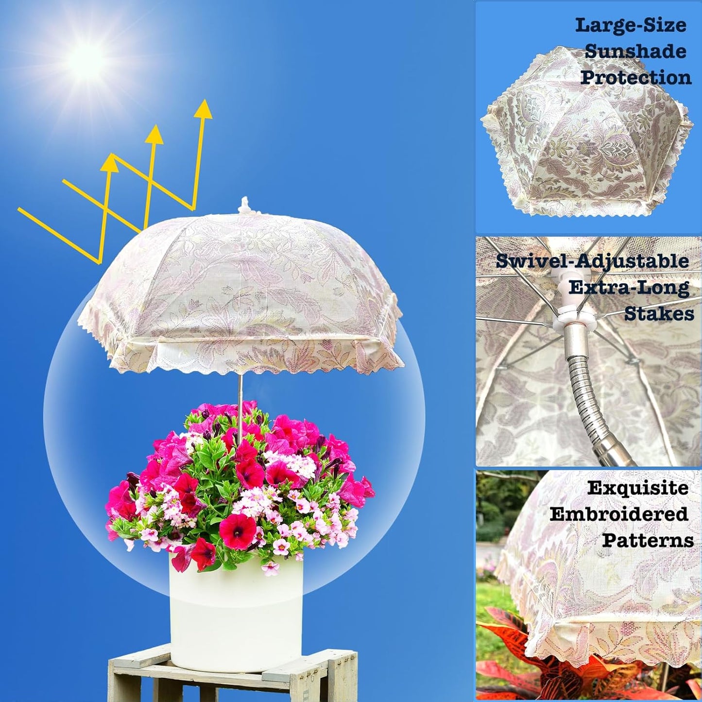 TIMSO Adjustable 3 Pack Plant Shade Umbrella for Outdoor Garden - Sun Protection Cloth & Umbrella for Plants, Potted Plants, and Garden Beds