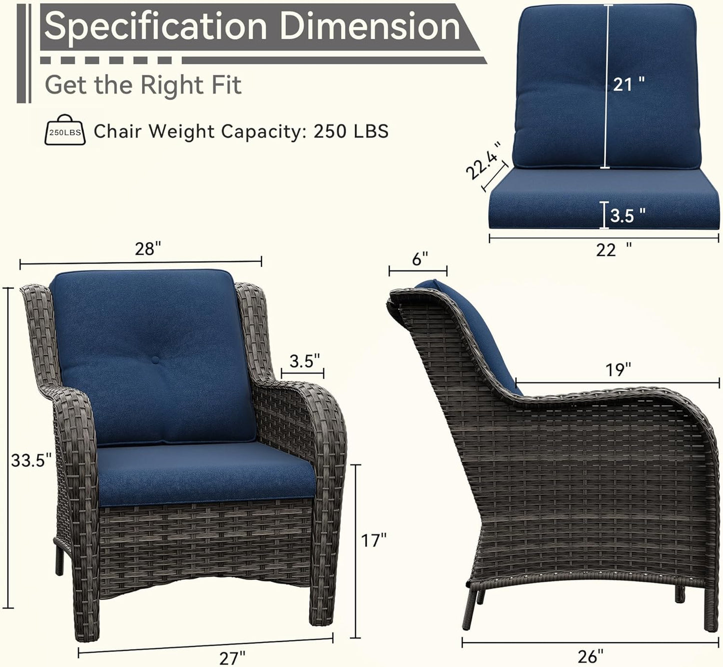 Patio Wicker Chairs Set of 2, Patio Rattan Dining Chairs with 3.5-inch Seat Cushions, High Back and Curved Armrest for Garden, Backyard, Balcony and Deck, Blue