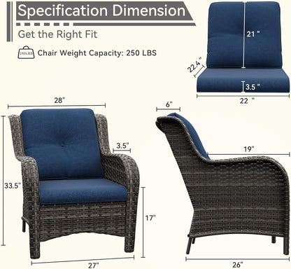 Patio Wicker Chairs Set of 2, Patio Rattan Dining Chairs with 3.5-inch Seat Cushions, High Back and Curved Armrest for Garden, Backyard, Balcony and Deck, Blue