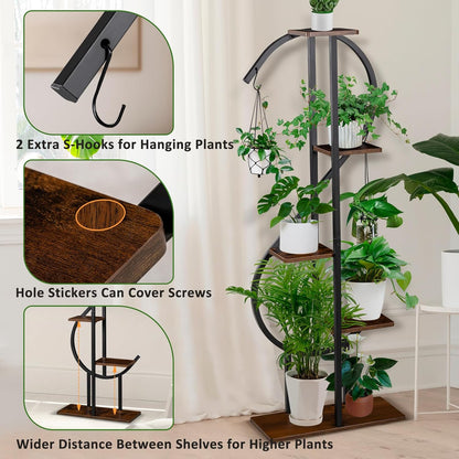 5-Tier Indoor Plant Stand, S-Shaped Corner Plant Stand with hanging Hooks & Gardening Tools, Aesthetic Tall Plants Shelf for Multiple Plants Flower Pot, Outdoor Plant Holder in Patio Balcony
