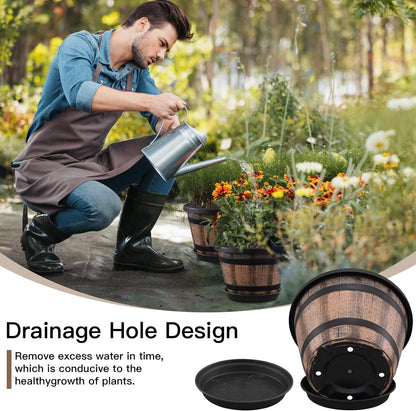 Quarut 3 Pack 10 inch Plant Pots,Whiskey Barrel Planters with Drainage Holes & Saucer, Plastic Decoration Flower Pots Imitation Wine Barrel Design, for Indoor & Outdoor Garden Home Plants (Brown)
