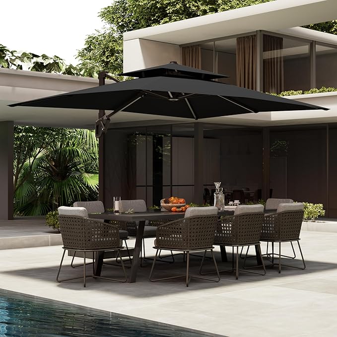 10' X 13' Patio Umbrella with Base Included Outdoor Large Rectangle Offset Cantilever Umbrellas Double Top Heavy Duty Windproof with 360-degree Rotation for Pool Garden Deck