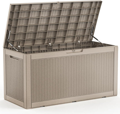 102 Gallon Outdoor Storage Box Waterproof, UV Resistant Resin Deck Box with Hydraulic Rod, Lockable Design and Enhanced Durability for Patio, Garden, and Poolside Use