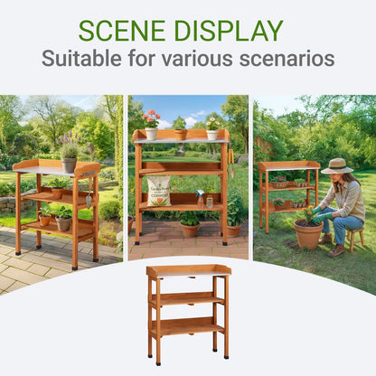 Outdoor Potting Bench Garden Work Station, Solid Wood Planting Table w/Sink Drawer Shelves,Metal Top, Folding Patio Furniture for Porch Balcony (29.1 x 14.2 x 35.6(Orange Yellow))