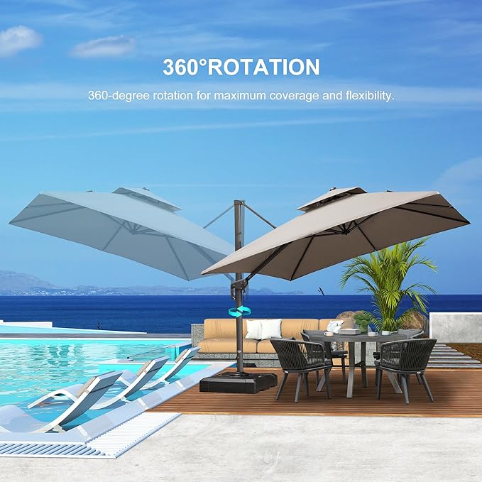 PURPLE LEAF 12 FT Cantilever Patio Umbrella Outdoor Umbrella with 330lbs Base Large Square Windproof Offset Umbrella for Pool Deck Garden, Ash Mocha