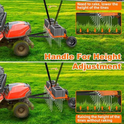 48inch Tow Behind Dethatcher with 24 Spring Steel Tines, Lawn Tractor Rakes with Lift Handle, Tow Behind Rake to Remove Thatch, Riding Lawn Mower Attachments for Outdoor Yard Tools Lawn Care