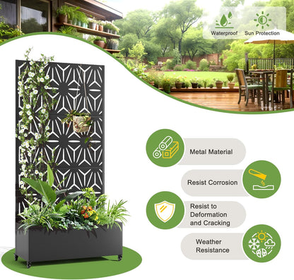 FENCY Metal Raised Garden Bed with Wheels and Trellis,73"x35"x16" Planter Box for Climbing Plants, Vegetables & Vines, Features Privacy Screen and Drainage Holes (Black-Star)