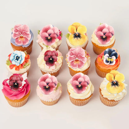 60 PCS Edible Flowers Cake Toppers Wafer Paper Flowers Cupcake Toppers Pansies Wedding Bridal Engagement Edible Flower Cake Decorations for Baby Shower Birthday Party Cake Food Decorations Supplies