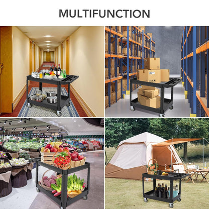 Utility Service Cart 2-Shelf 500 Lbs Capacity, Heavy Duty Rolling Cart with Two Trays and Brake Wheel for Warehouse, Garage, Cleaning, Manufacturing, Storage Handle, 45"X25" Black