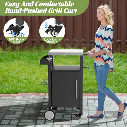 Outdoor Grill Cart with Patio Furniture, Outdoor Grill Table with Storage,Rolling Bar Cart Outdoor BBQ Cart with Hooks and Spice Rack for Grilling Accessories(Single Door, Black)