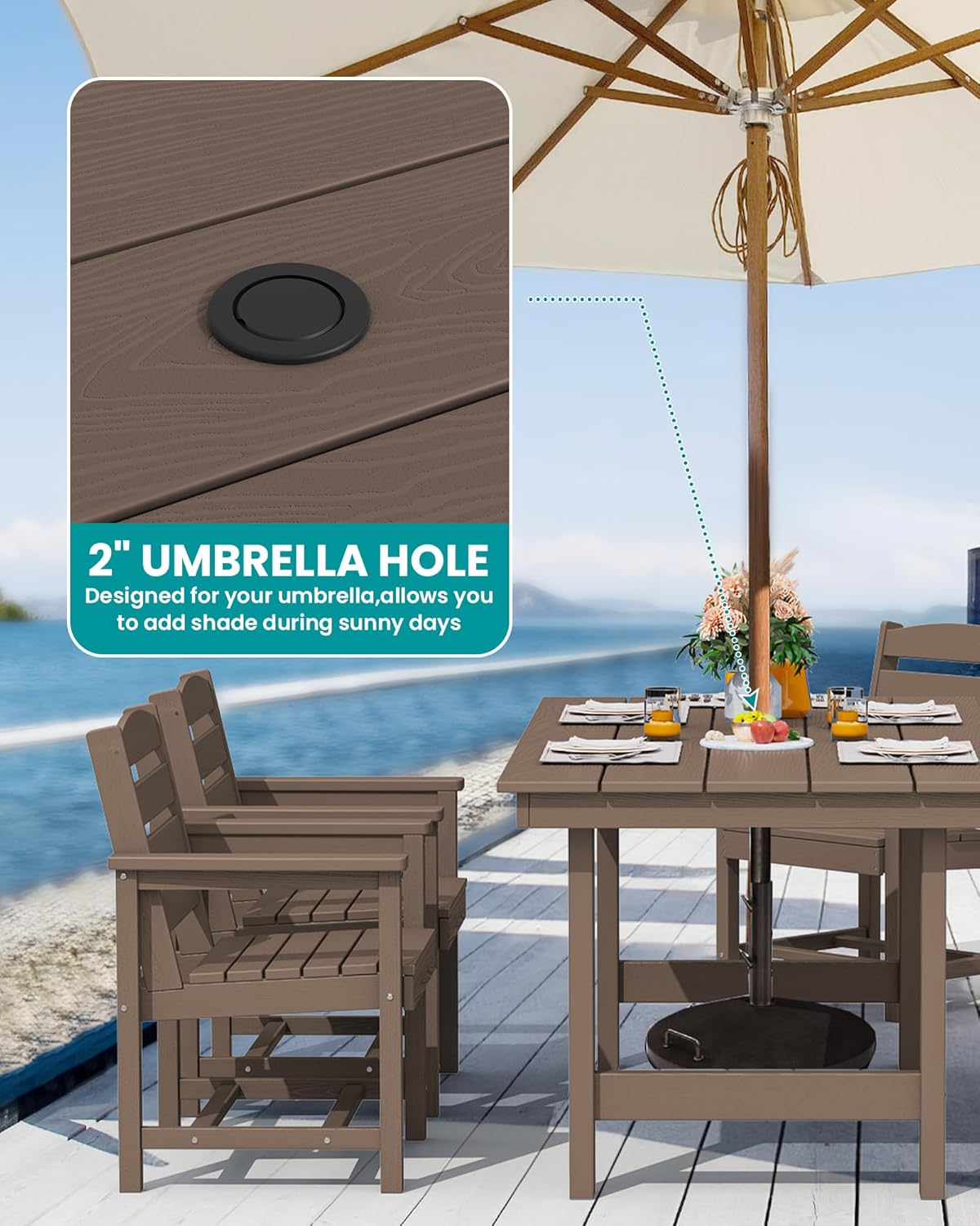 SERWALL 7-Piece Patio Dining Table Sets, Outdoor HDPE Dining Furniture Set with Umbrella Hole Cut-Out Table and 6 Chairs, All Weather Dining Set for Lawn, Garden, Backyard, Poolside, Coffee