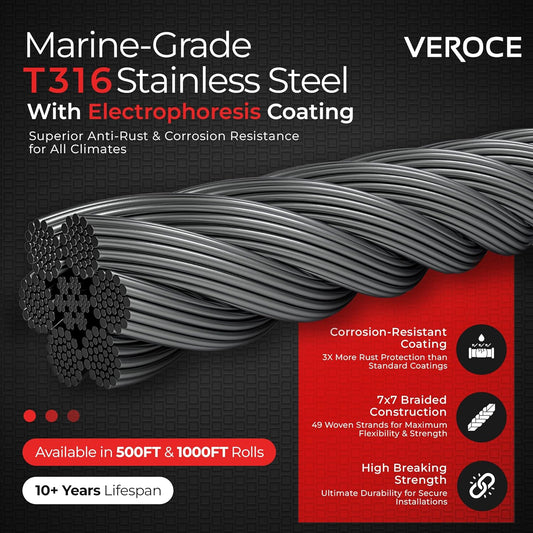 500FT 1/8" T316 Stainless Steel Cable - 7x7 Strands Wire Rope - Black Phosphate Coating - Cable Cutters & Gloves Included - Aircraft Cable for Indoor & Outdoor - Cable Railing Stair Deck