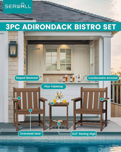 SERWALL 3 Pieces Patio Bistro Set, All Weather Adirondack Chair Set with Side Table, HDPE Material Outdoor Patio Furniture Set for Balcony, Porch, Garden, Backyard- Brown