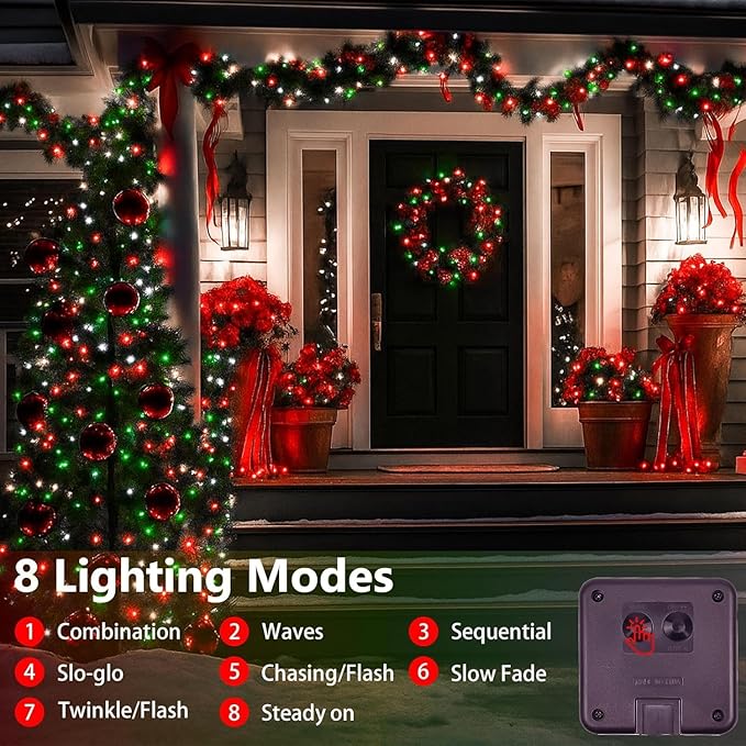 4 Pack 180FT Solar Christmas Lights Outdoor Waterproof, Super Bright 320 LED Solar String Lights with 8 Lighting Modes, Green Wire Twinkle Tree Light for Outside Xmas Party Decor (Red White and Green)