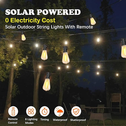 Stright Solar Powered String Light 100FT with Remote Control 8 Light Modes, Weatherproof Shatterproof ST38 LED Bulb 30 Sockets for Backyard Porch Cafe, Large Solar Panel