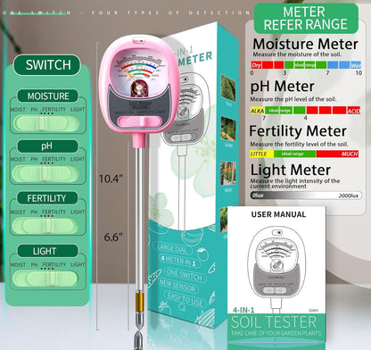 HSLGOVE Soil Test Kit,4-in-1 Soil Moisture Meter,Soil PH Meter/Fertility/Sun-Light, Large Dial Soil Tester-MilkPink