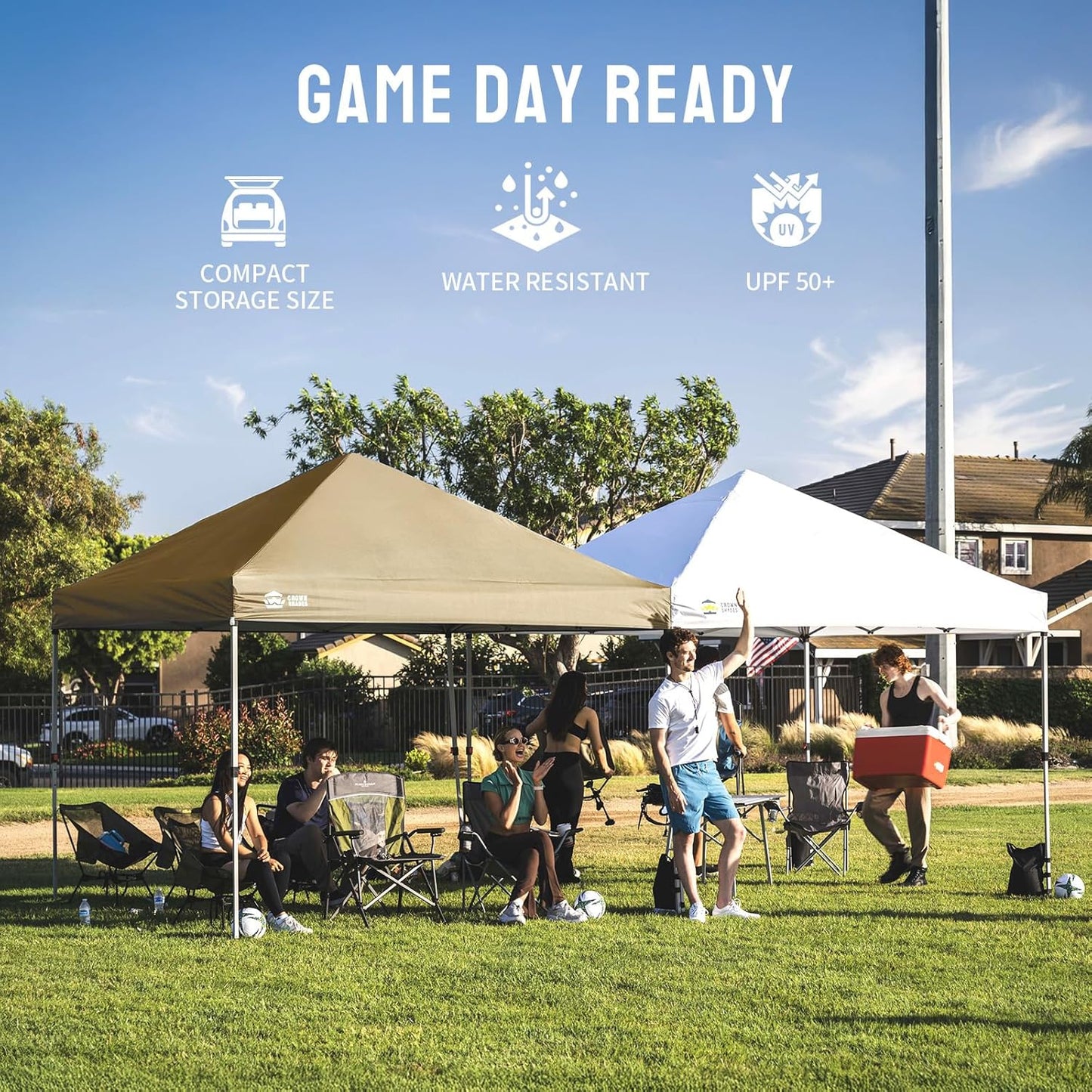 CROWN SHADES 8x8 Pop Up Canopy - Beach Tent with One Push Setup - Easy Outdoor Sun Shade for Events, Parties, Camping - Gazebo with STO-N-Go Cover Bag, Silver Coated Top, Beige