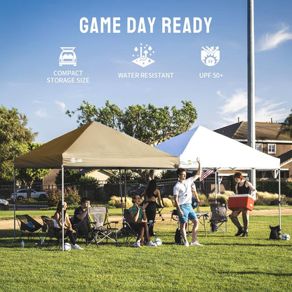 CROWN SHADES 8x8 Pop Up Canopy - Beach Tent with One Push Setup - Easy Outdoor Sun Shade for Events, Parties, Camping - Gazebo with STO-N-Go Cover Bag, Silver Coated Top, Beige