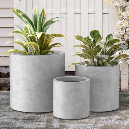 Kante 9.8",12.6",15.7" Dia Round Concrete Planter Set of 3, Modern Style Large Cylindrical Plant Pot with Drainage Hole and Rubber Plug for Indoor Outdoor Patio, Natural Concrete