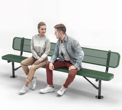 Heavy-Duty Outdoor Metal Bench, Thermoplastic-Coated, Surface, Weatherproof, Commercial-Grade for Parks, Gardens, Patios, Stores & More (8 Ft - Surface with Back, Green)