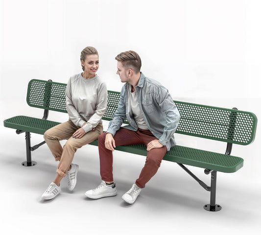 Heavy-Duty Outdoor Metal Bench, Thermoplastic-Coated, Surface, Weatherproof, Commercial-Grade for Parks, Gardens, Patios, Stores & More (8 Ft - Surface with Back, Green)