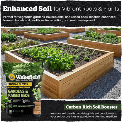 Wakefield Biochar Blend with CarbonBoost™ Technology – Enhanced Water & Nutrient Retention for Raised Bed Garden Soil - Ultimate Organic Potting Soil Mix for Vegetables, Gardens and Houseplants - 2qt