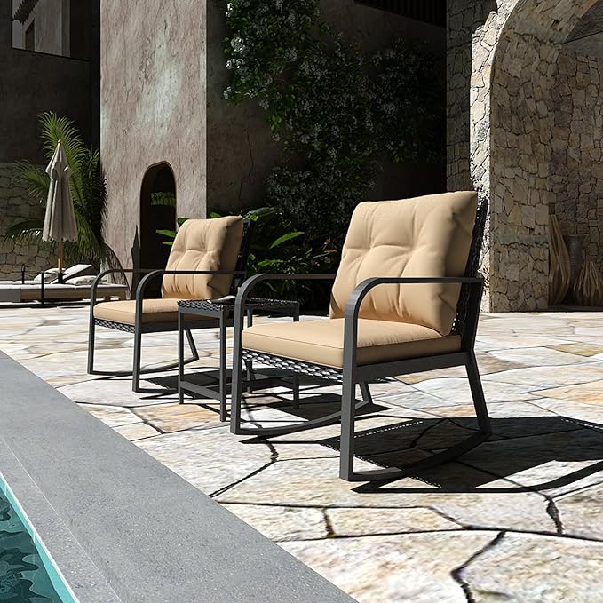 Bistro 3 Piece Patio Furniture Set, Patio Table and Rattan Outdoor Rocking Chairs Set of 2, Outdoor Bistro Conversation Set for Garden, Balcony, Poolside, Backyard, Khaki