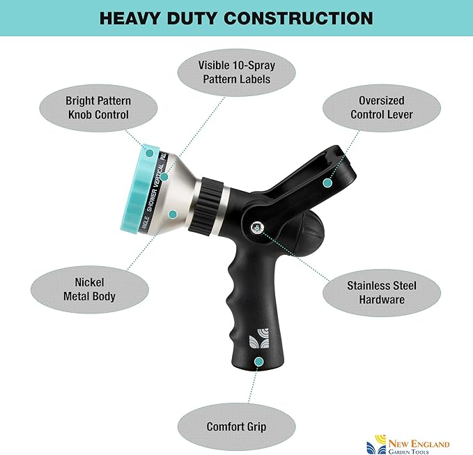 Heavy Duty Metal 10 Pattern Fireman’s Hose Nozzle 500003 with Lever Control and Comfort Grip by New England Garden Tools for Cleaning, Watering Plants & Yards, Washing Cars & Livestock