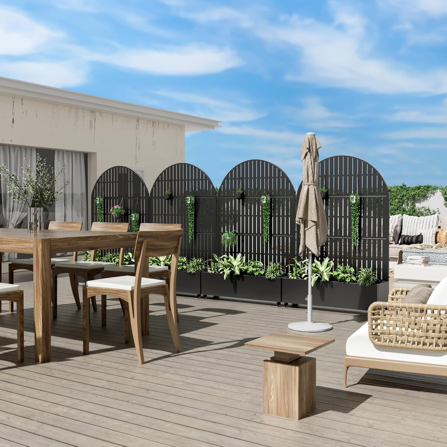 Casaphoria Metal Raised Garden Bed with Trellis and Wheels, 72"x47"x16" Arched Planter Box for Climbing Plants, Vegetables & Vines, Features Drainage Holes and Privacy Screen (Black-Fence)