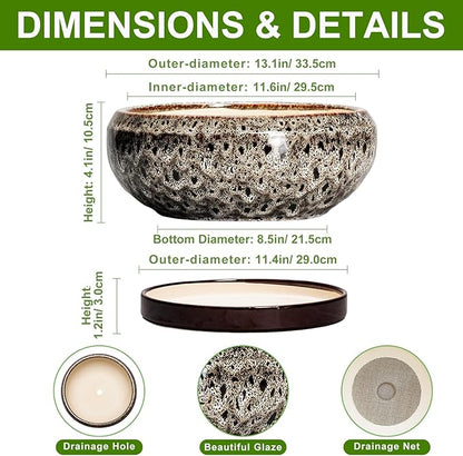 Bonsai Planter 13 Inch - Large Ceramic Succulent Planters, Shallow Plant Pot Indoor with Drainage Hole and Tray, Bonsai Pot, Round Bowl Planter Outdoor, House Decor, Housewarming Gift, White