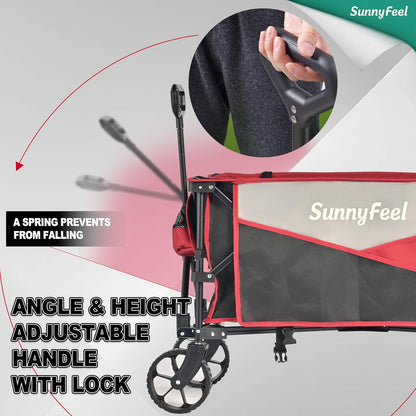 SunnyFeel Heavy Duty Collapsible Outdoor Utility Wagon Cart 400LB Capacity Adjustable Handlebar,Foldable Beach Wheels Stable Durable Oxford Fabric for Shopping Garden Camping (Black & Red)