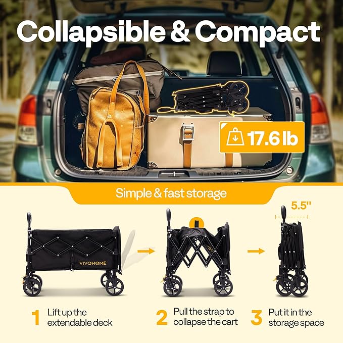 VIVOHOME 130L Collapsible Wagon with Tailgate, 320lb Load-Bearing Outdoor Utility with All-Terrain Wheels, Adjustable Handle, Cup Holders for Camping, Shopping, Garden, Sports, Picnic, Black
