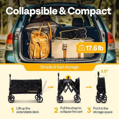 VIVOHOME 130L Collapsible Wagon with Tailgate, 320lb Load-Bearing Outdoor Utility with All-Terrain Wheels, Adjustable Handle, Cup Holders for Camping, Shopping, Garden, Sports, Picnic, Black