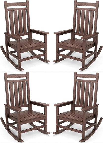 SERWALL Outdoor Rocking Chair Set of 4, HDPE Rocking Chairs for Adult, All Weather Porch Rockers for Lawn Garden, Brown