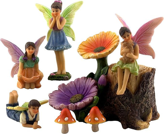 PRETMANNS Fairies for Fairy Garden - Colorful Accessories Kit for an Indoor or Outdoor Miniature Garden - 7 Piece Hand-Painted Resin Figurine Set with a Flower Stump & Mushrooms