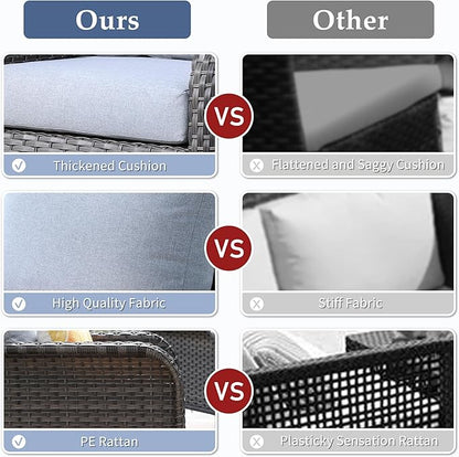 6-Piece Wicker Patio Furniture Set, All-Weather Rattan Conversation Bistro Loveseat Chair and Table Set for Backyard, Balcony and Deck with Soft Cushions and Metal Table(Grey)