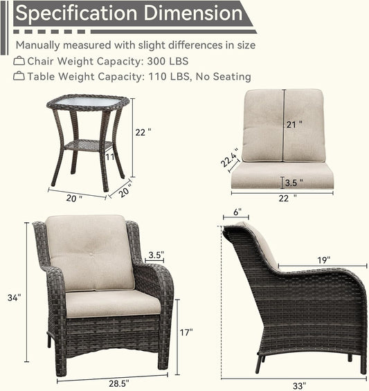 3 Pieces Outdoor Patio Chairs Set - Wicker Patio Conversation Sets with 1 Side Table, Olefin Fabric Cushions Suitable for Backyard Deck and Porch,Beige