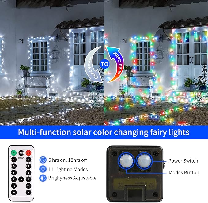 JMEXSUSS 2 Pack Solar Christmas Lights Outdoor Waterproof, 100 LED 33ft White and Multicolor Color Changing Solar Fairy Lights, Copper Wire Solar String Lights for Outside Yard Christmas Decorations