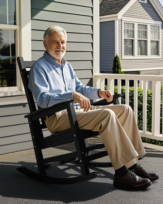 SEWALL HDPE Rocking Chair, Oversized Outdoor Rocking Chair for Adults, Patio Rocker for Porch, Black