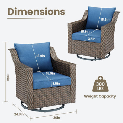 Outdoor Patio Wicker Swivel Chairs - Set of 2 Outside Resin Rattan Rocker Glider Gliding Chair Rocking Armchairs for Front Porch Balcony Backyard Yard Deck Poolside Apartment – Brown/Blue