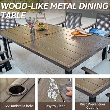 NATURAL EXPRESSIONS 7 Piece Patio Dining Set for 6 Outdoor Furniture Set, Rattan Wicker Chairs with Cushions and 65” Large Dining Table with 1.65'' Umbrella Hole for Patio, Garden, Porch, Pool, Beige