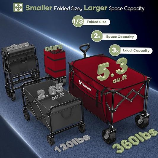 150L Collapsible Wagons Carts Foldable, 360LBS Heavy Duty Folding Beach Cart with Big All-Terrain Wheels, Portable Utility Wagon for Grocery, Shopping, Garden, Sports, Red