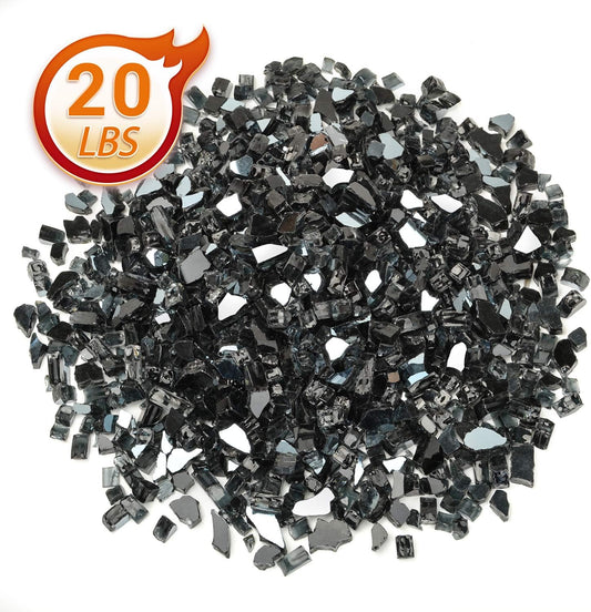 Mr. Fireglass 20 Pounds Black Reflective Fire Glass, 1/2 Inch High Luster Reflective Tempered Glass Rocks for Fire Pit Table Fireplace and Landscaping, Decorative Propane Gas Fireplace Glass Rocks