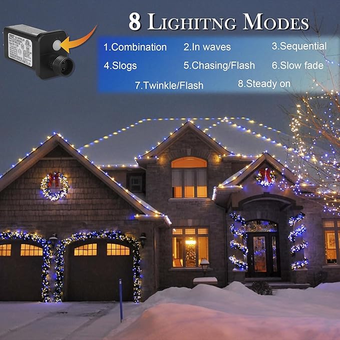 weillsnow 164 FT 500 LED Christmas Lights Outdoor, Waterproof Christmas Fairy Lights with Timer, Plug in Blue White LED String Lights with 8 Modes for Bedroom Wedding Party Xmas Decoration