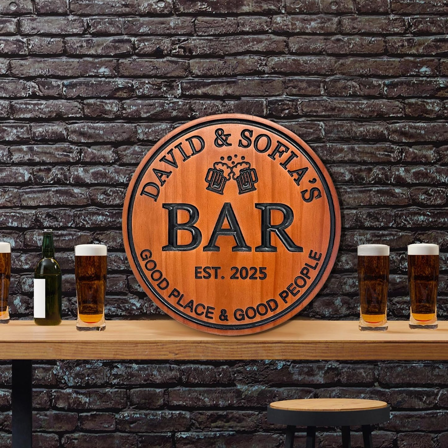 Personalized Wood Bar Sign Custom Carved Name Sign for Couples Home Bar Decor Wooden Wall Art Anniversary Wedding Gift Housewarming Gift Man Cave Decor