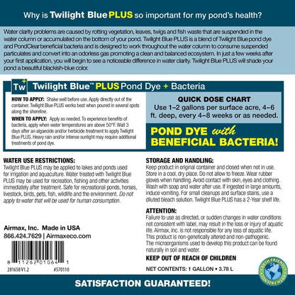 Airmax Pond Dye Plus, Twilight Blue Colorant & Natural Beneficial Bacteria, Large Pond & Lake Water Clarifier & Color Treatment, Shade Plants & Algae from Sunlight, Fish & Livestock Safe, 4 Gallons