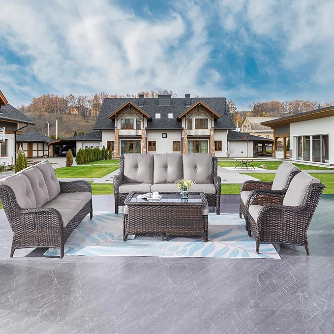 Rilyson Wicker Patio Furniture Sofa Set - 7 Piece Rattan Outdoor Patio Sectional Conversation Sets with 2 Sofa,2 Armrest Chairs,1 Coffee Table and 2 Ottomans for Porch Deck Garden(Brown/Grey)