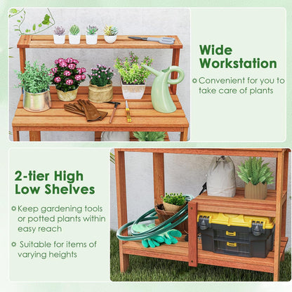 Happygrill Potting Bench Table, Outdoor Wood Work Bench with Storage, Open Shelves & Teak Oil Finish, Patio Horticulture Garden Table for Backyard, Balcony, Natural